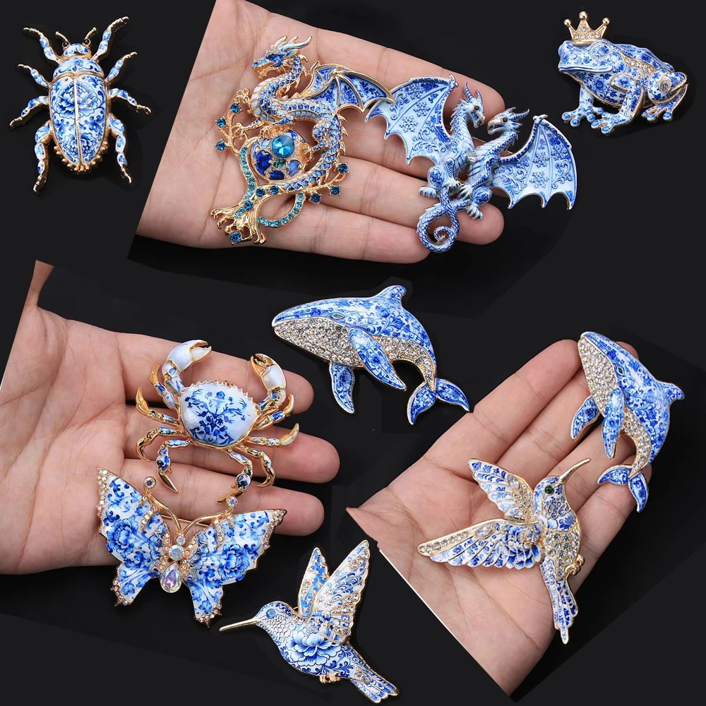 Blue White Porcelain Enamel Animal Brooch Dragon Hummingbird Butterfly Crab Frog Dolphin Beetle Crystal Lapel Pin