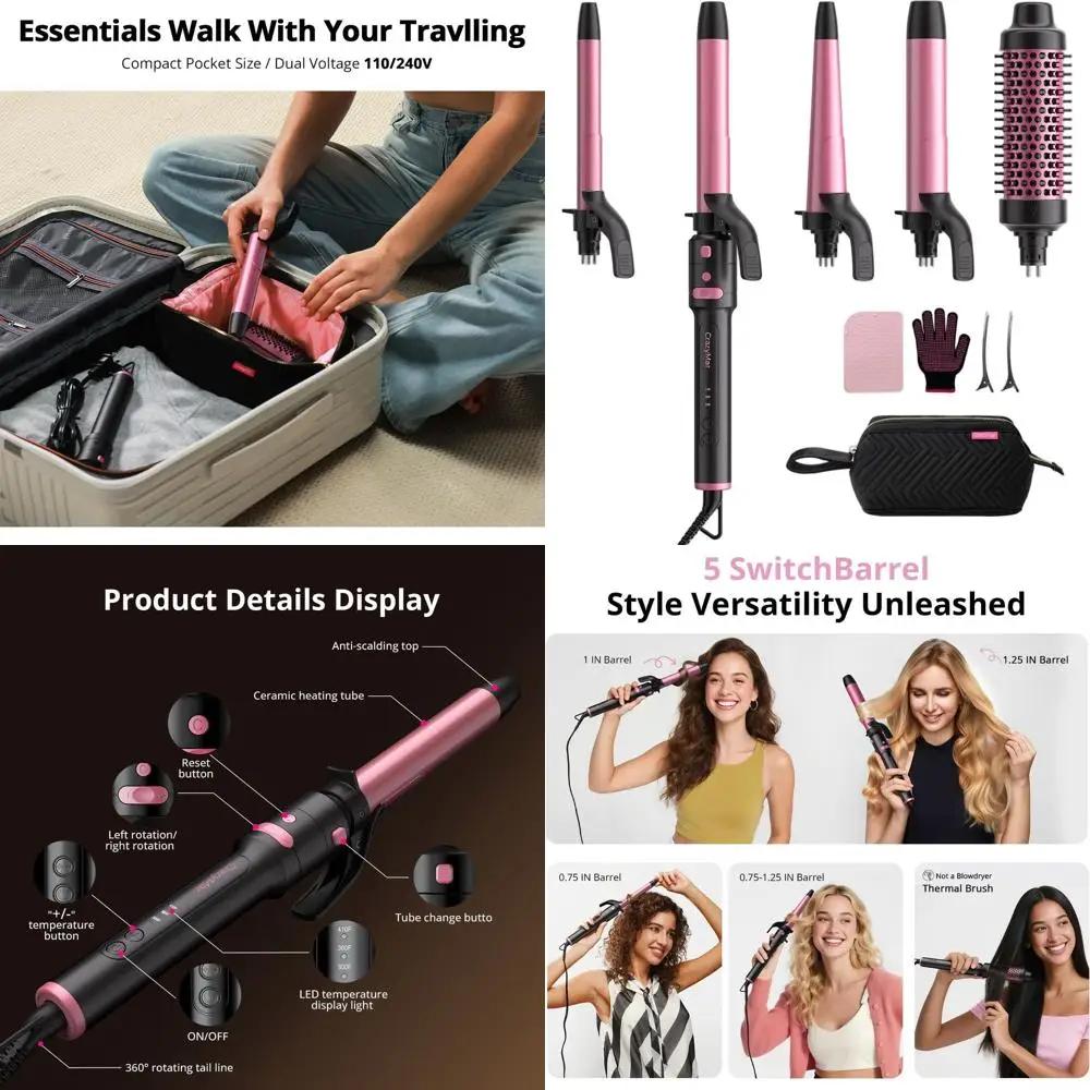 

5-in-1 Rotating Curling Iron Set with 3/4, 1, 1/4 Barrels for Professional Hair Styling and Travel