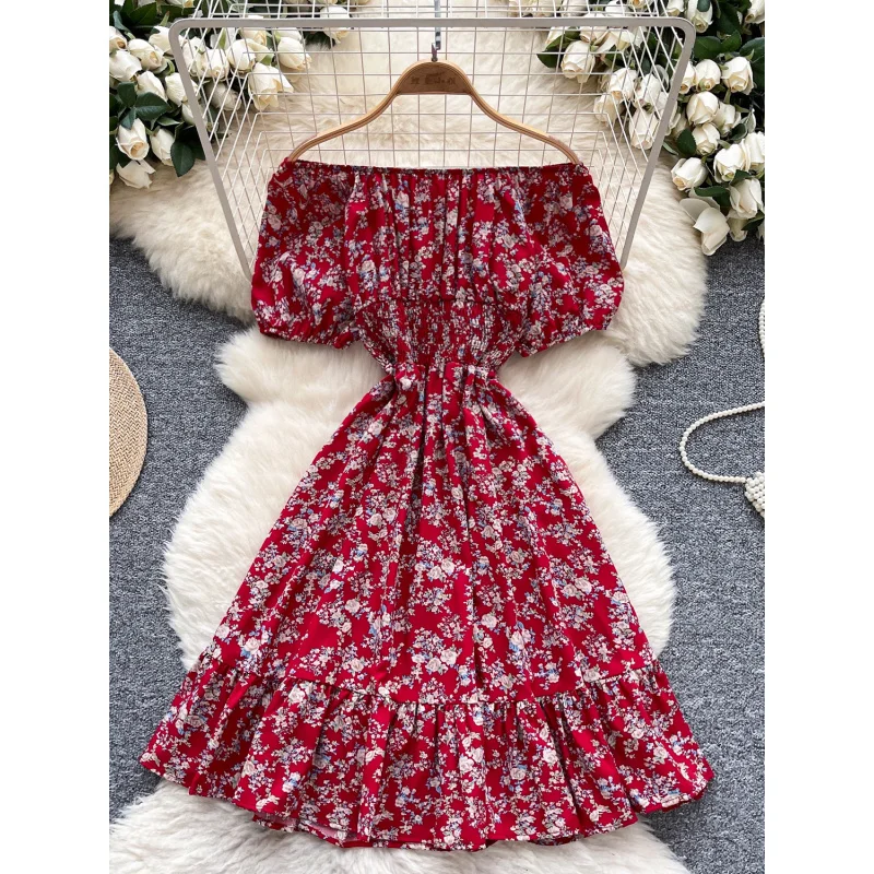 Boho women summer sexy off shoulder floral print short dress vintage elastic waist ruffles vestido de festa beach a-line dress