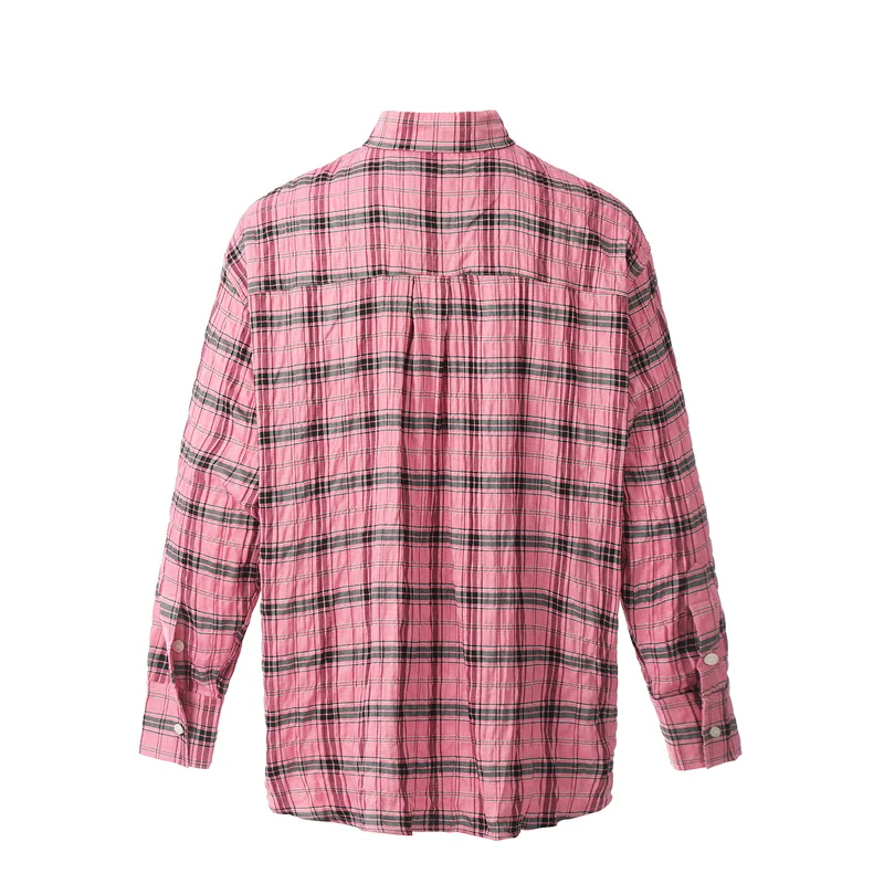 Chemise plissée à manches longues pour hommes et femmes, col tendance, imprimé à carreaux, vintage, marque de haute qualité