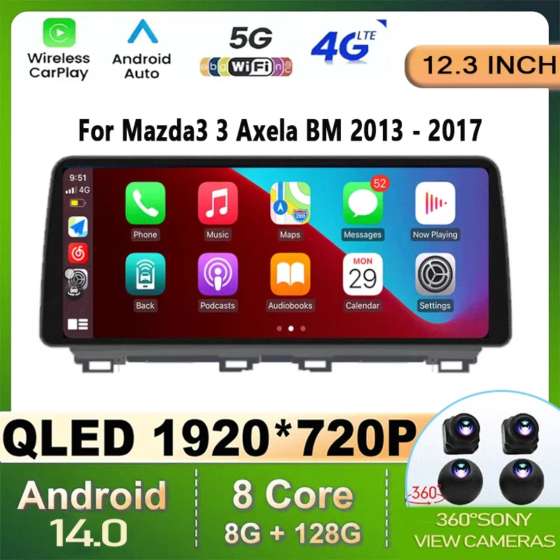 12.3 Inch  Android 14 For Mazda3 3 Axela BM 2013 - 2017 Car Radio Video Multimedia Player Stereo Carplay GPS Navigation 5G WIFI