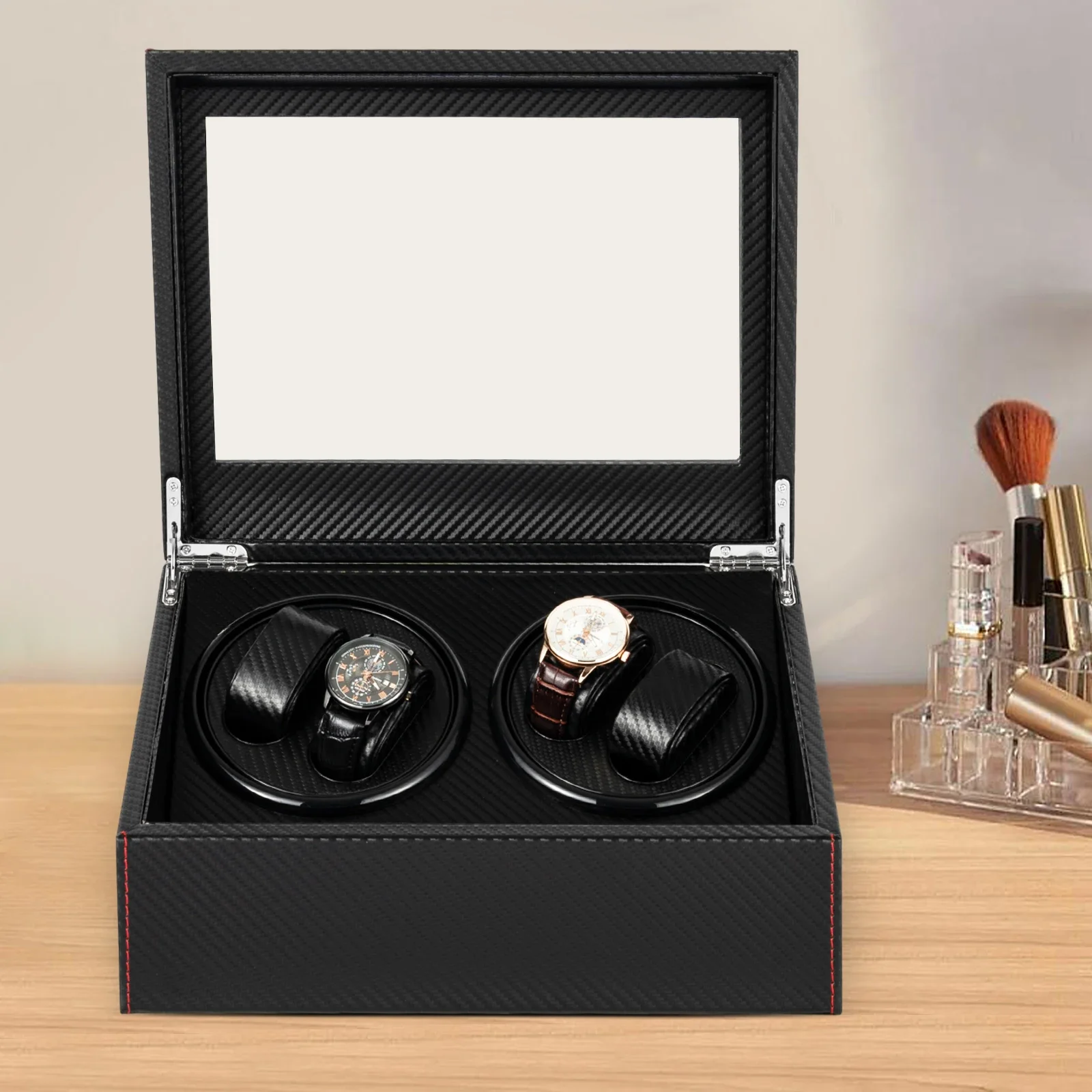 4+6 Automatic Rotation Watch Winder Box 2 Motor Leather Carbon Fiber Display Storage Case Black