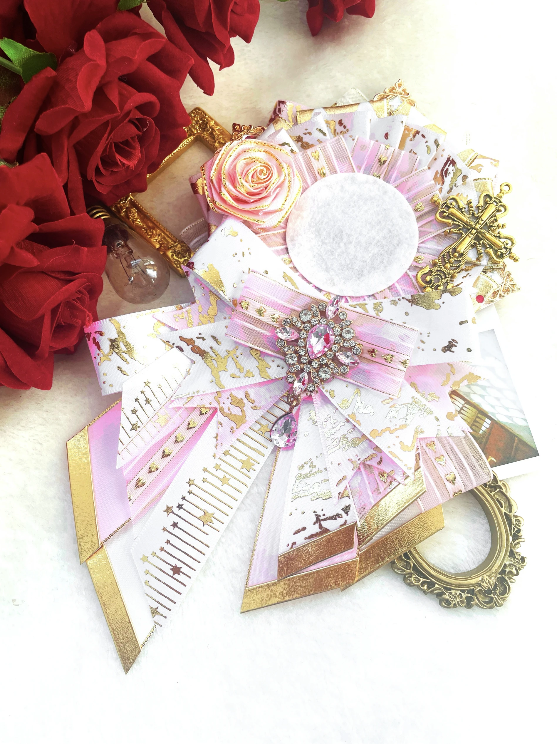 Luxury Pink Ribbon Badge Rosette Hand Made Decoration Anime Cosplay Lolita Accessories Award Rosette Ribbons Long Streamers