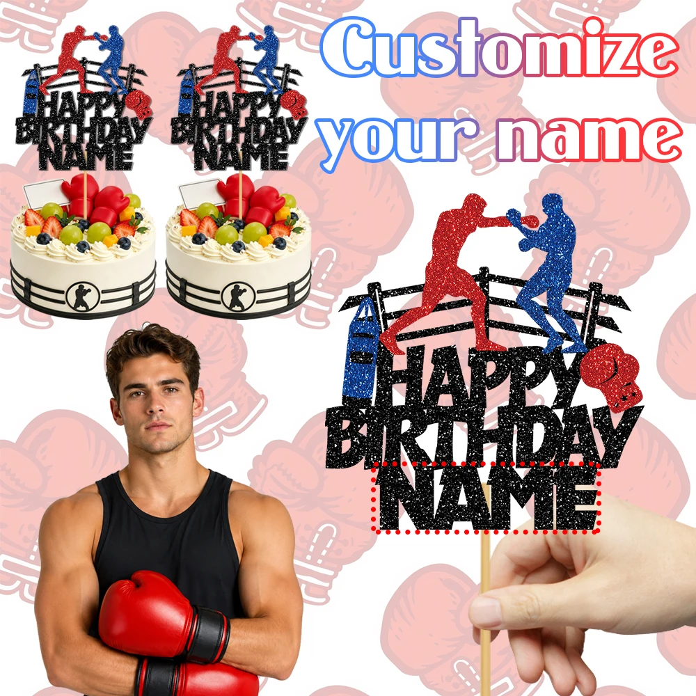 Décoration de gâteau Boxer (1 pièce) - Couleurs rouge et bleu avec nom personnalisable, idéal pour le thème de la boxe, cadeau d'anniversaire Boxer