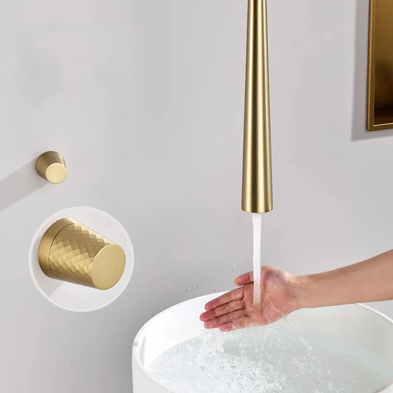 New Wall Mounted Bathroom Basin Faucet Ceiling Long Spout Lavatory Mixer Tap Brass Sink Faucet Brush Gold