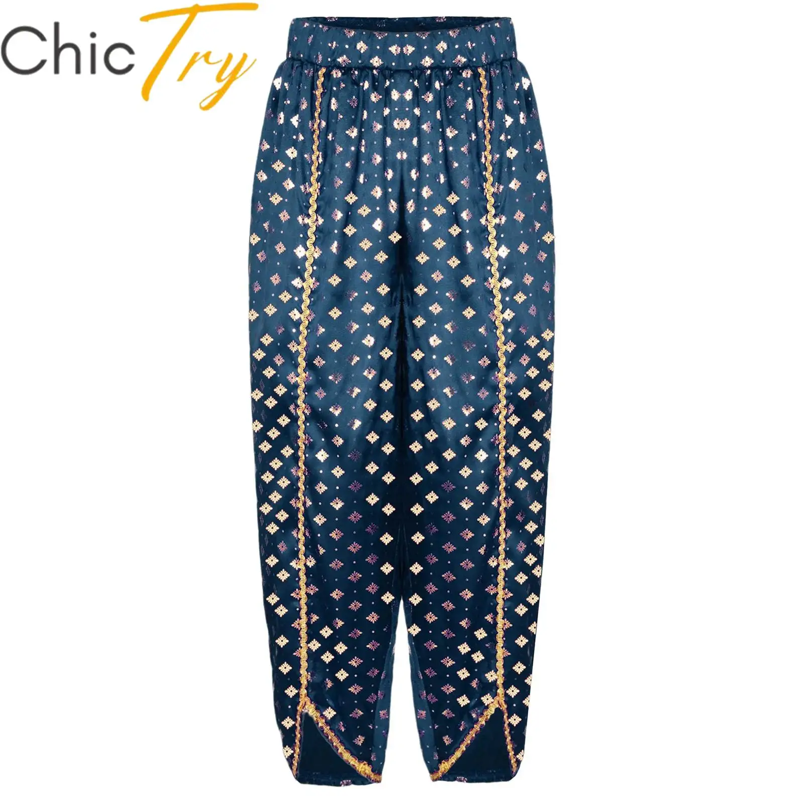 

Kids Girls Indian Costume Dress Up Dhoti Elastic Waistband Gold Trim Metallic Floral Print Satin Pants for Halloween Carnival