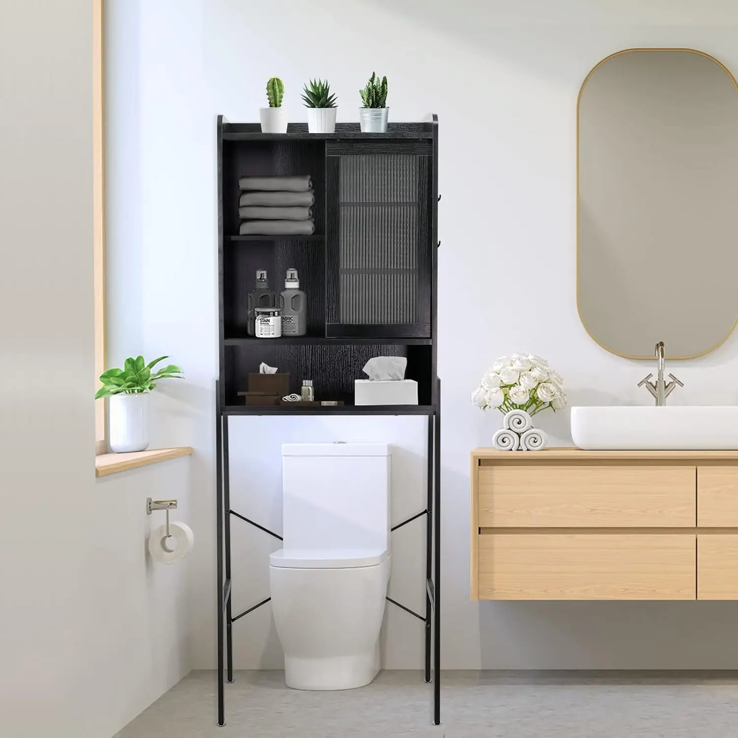 

Over Toilet Storage Cabinet for Bathroom, Over Toilet Shelf Organizer, Freestanding Space Saver with Adjustable Shelves, Wide Op