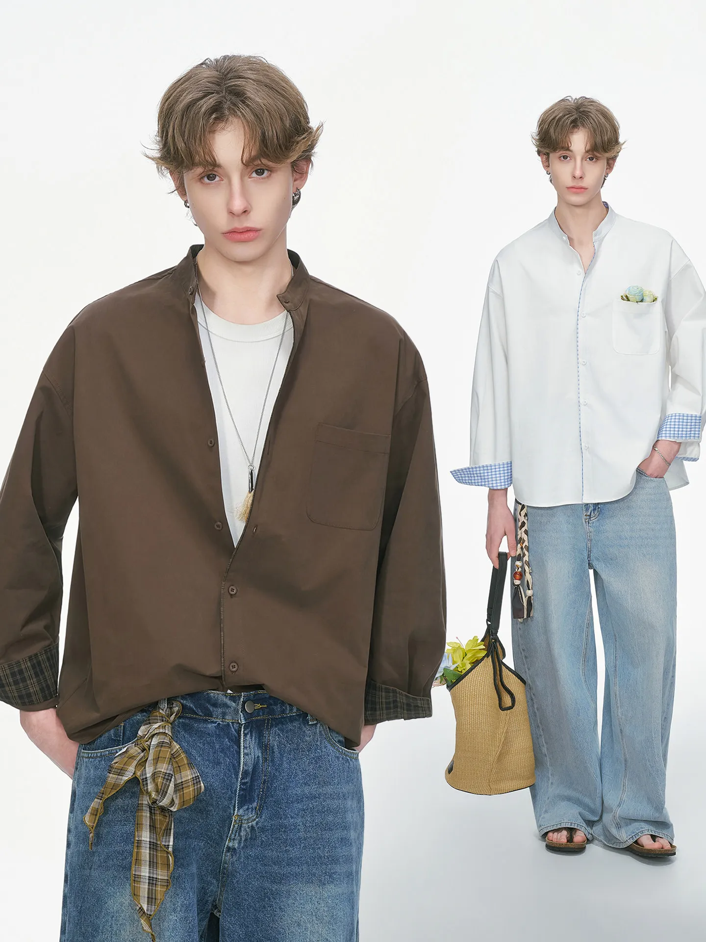

Dream Made Men's Casual Long Sleeve Shirt Henry Collar Plaid White Spring Autumn Cotton Youth Fashion Loose Fit Button up