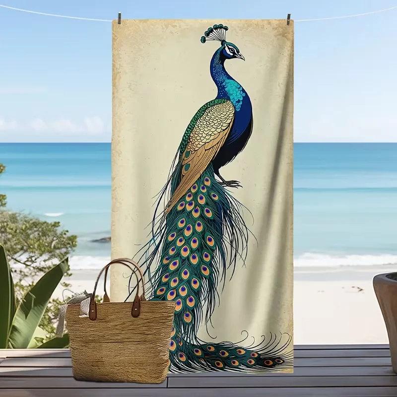 Realistic Peacock Feather Print Beach Towel Quick Dry Lightweight Absorbent Luxury Animal Print Design Towel for Summer Vacation