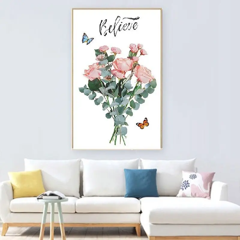 Pure handmade cross stitch finished rose vertical pattern bouquet butterfly plant flower living room with large hanging picture