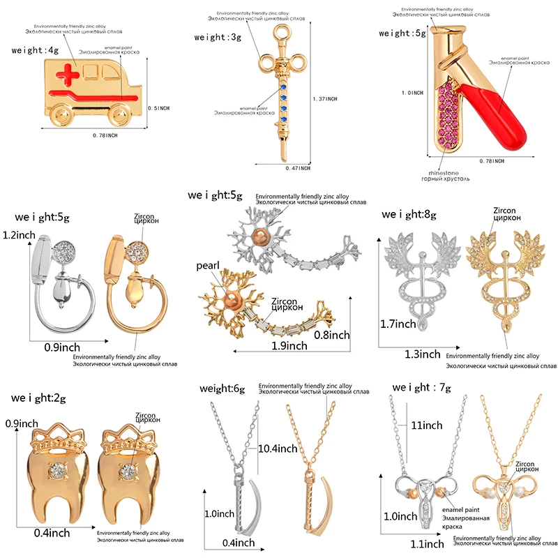 Medical brooches collection Crystal Caduceus Neuron ambulance test tube syringe tooth pins jewelry for Doctor Nurse