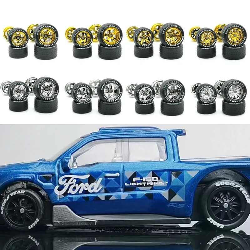 5sets 1/64 Alloy Car Wheels Modified Parts For 1:64 Matchbox/ Model Car Removable Tires With Rubber Tires Wheel Model Car