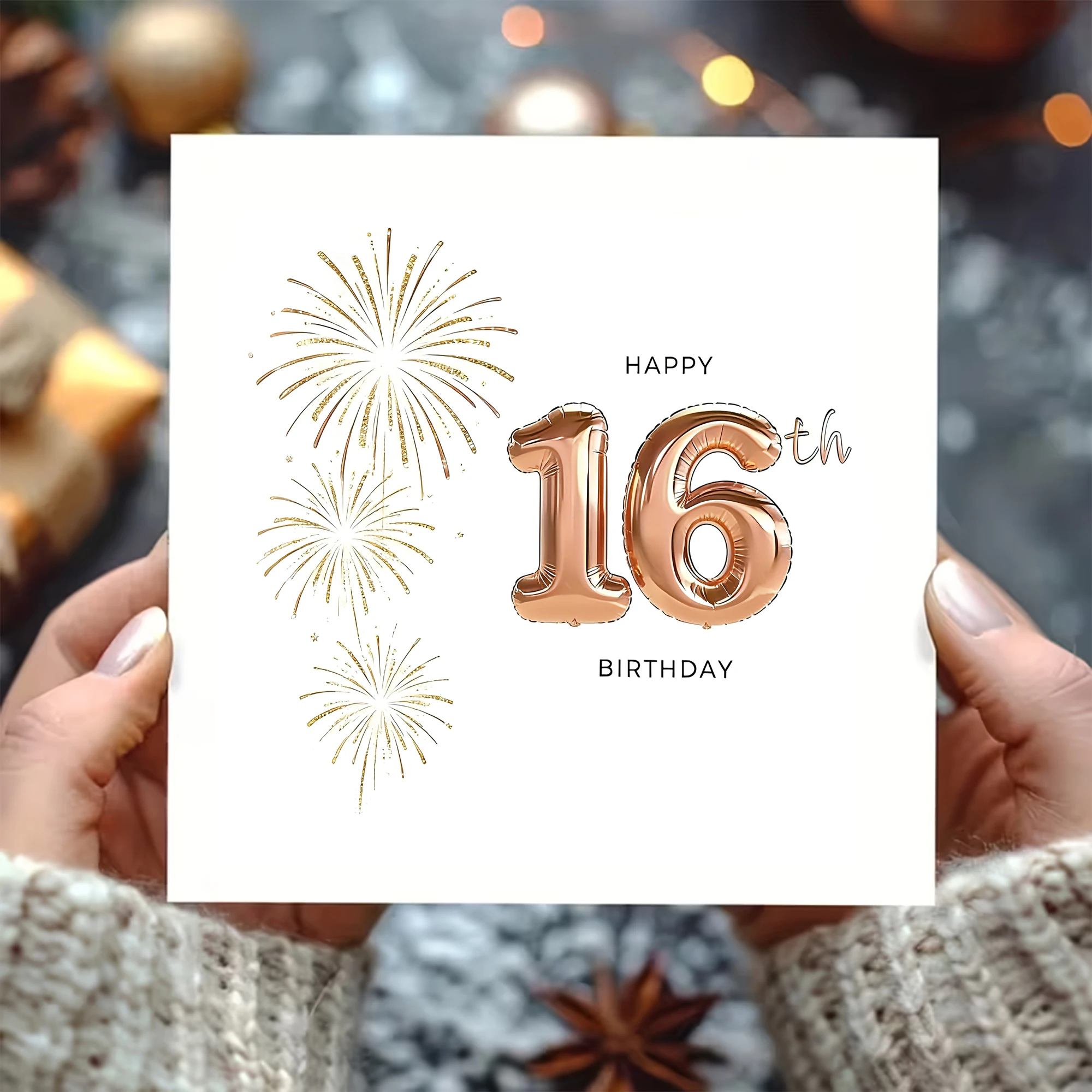 Karte zum 16. Geburtstag mit Umschlag – weißes quadratisches Grußkarten-Set, roségoldener Ballon und Feuerwerksthema, 2-teilige Karte und Umschlag-Com