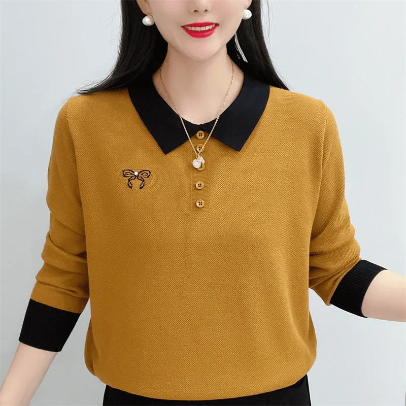 Women Korean Fashion Contrast Color Embroidery Beaded Chic Knitted Sweater Ladies Elegant Long Sleeve Loose Pullover Tops Jumper