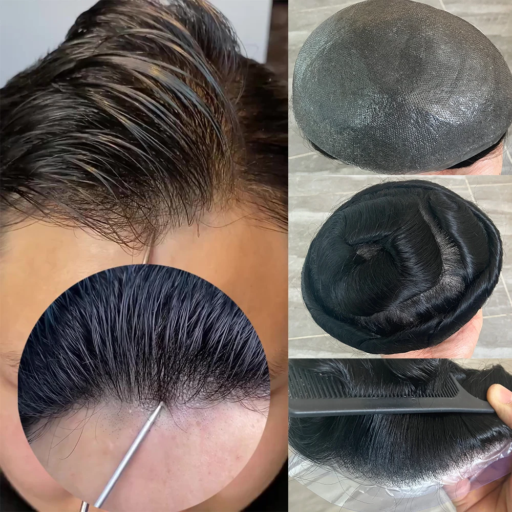 #1 Men Toupee 90% Density 0.02mm Undetectable Ultra Thin Skin Human Hair System Natural Hairline Hair Replacement for Bald Mene