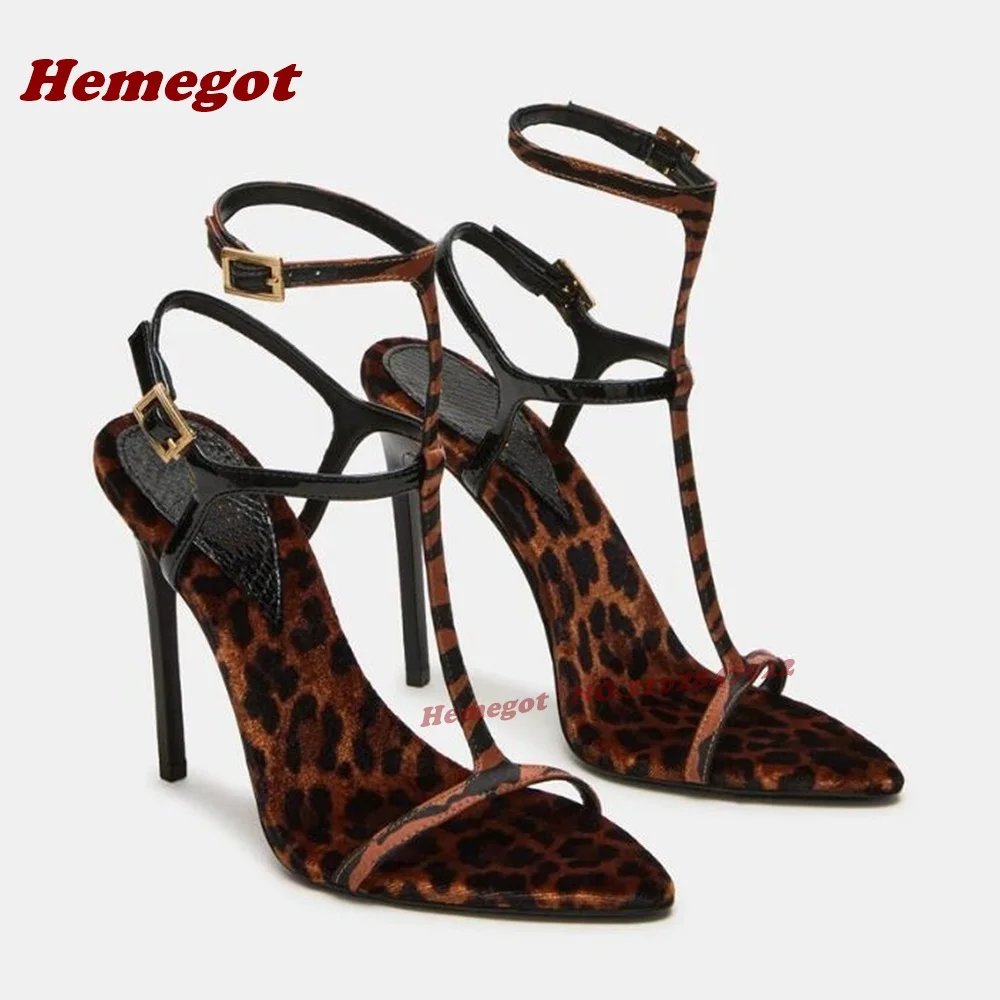 

Леопардовые сандалии с Т-образным ремешком, женские сандалии на шпильке с острым носком и несколькими пряжками, летняя обувь для вечеринок 2026, пикантная новейшая обувь