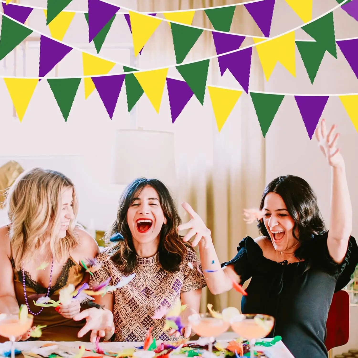 32Ft Long Mardi Gras Party Decorations - Yellow Green Purple Pennant Banner Triangle Flag Bunting Garland Streamer for Birthday - view 3