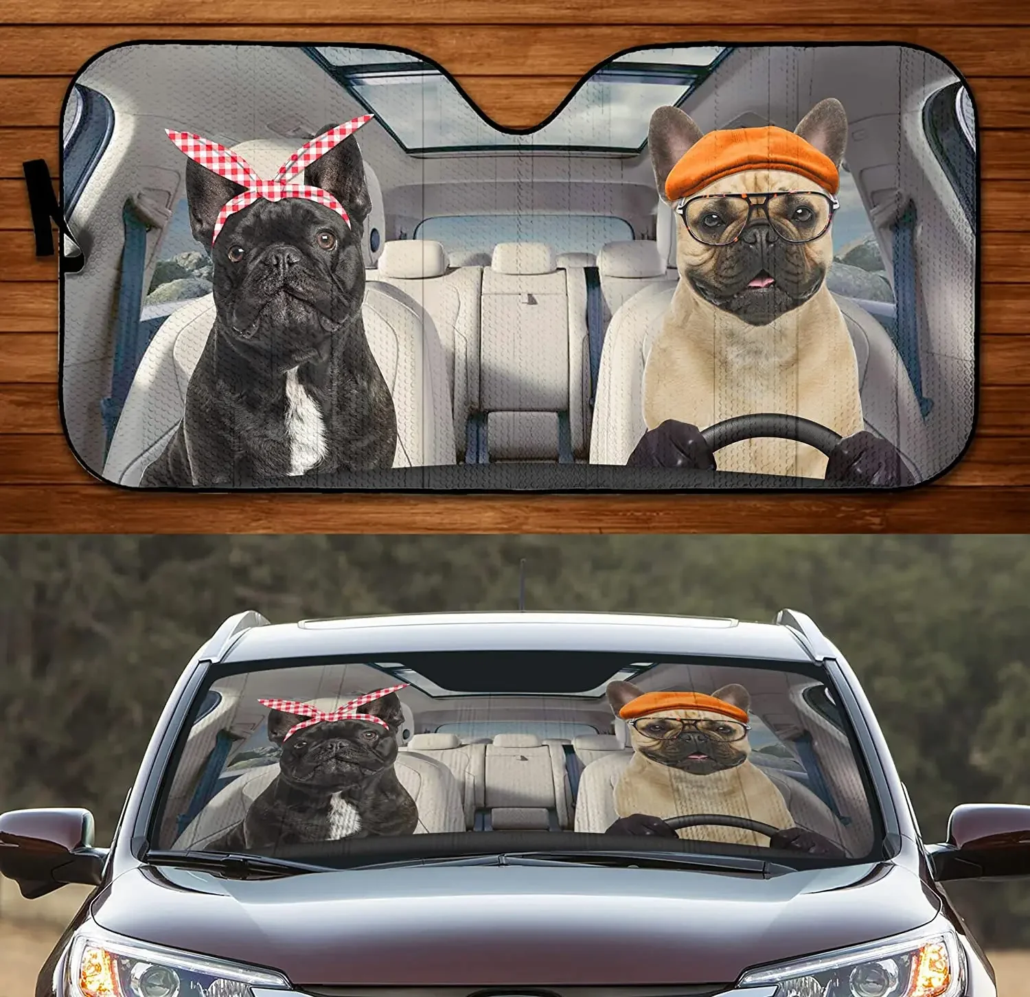 French Bulldogs Driving Dog Couple Car Sunshade, French Bulldog Driving Auto Sunshade for Dog Lover Car Windshield Durable Visor