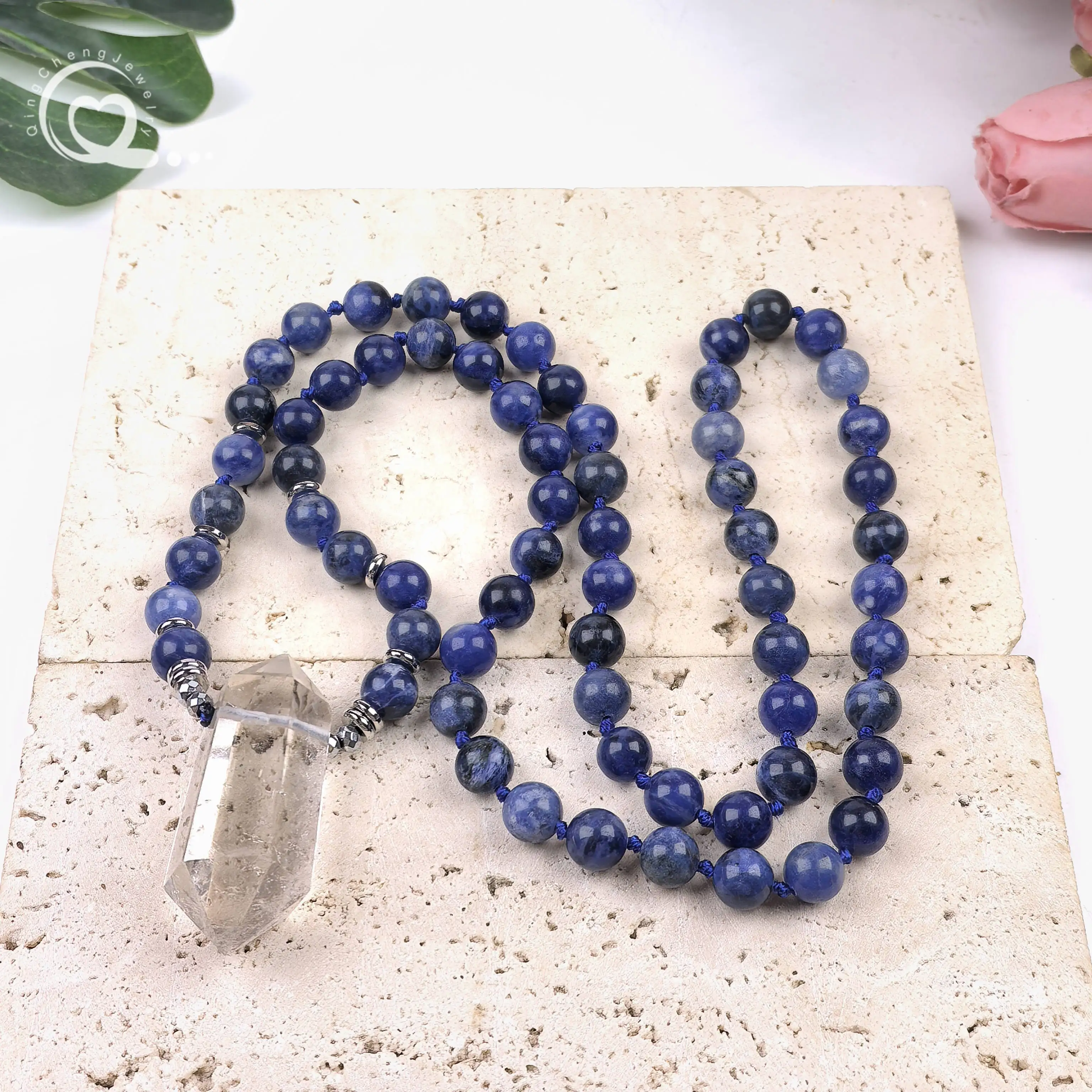 

Clear Crystal Double Point Pendants Yoga Necklace 8mm Sodalite Round Beads Knotted Handmade Mala Women Prayer Jewelry,QC0184