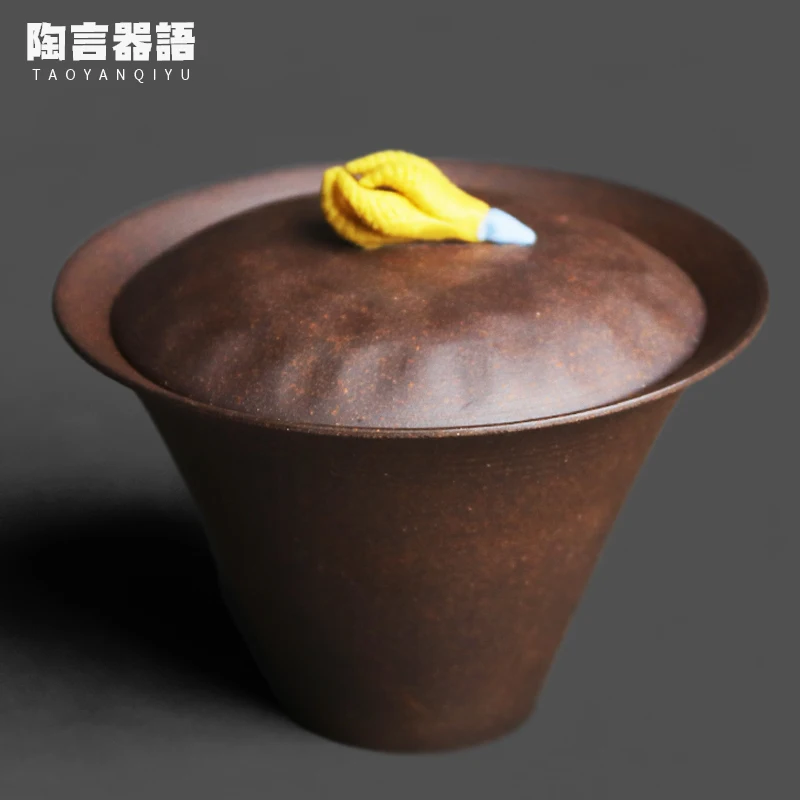 Rock soil hand held tea brewing bowl with expanded mouth, lid, bergamot Zen tea bowl