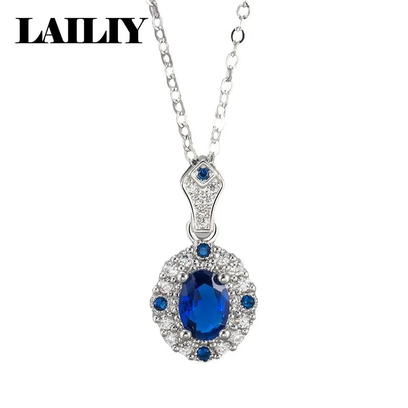 LAILIY925 Sterling Silver 18K Gold Gift Party Wedding Diamond Oval Blue Zircon Pendant Collarbone Necklace Women Fashion Jewelry