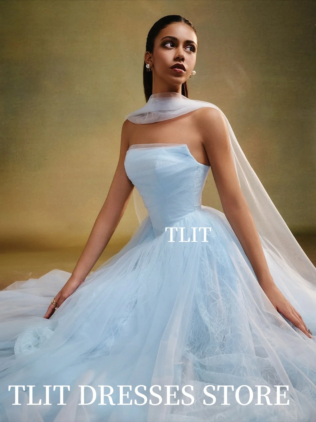 Elegancka, błękitna koronkowa suknia wieczorowa bez ramiączek, suknia balowa z szalem, sukienki na przyjęcie szyte na miarę, vestidos de fiesta szyte na miarę.