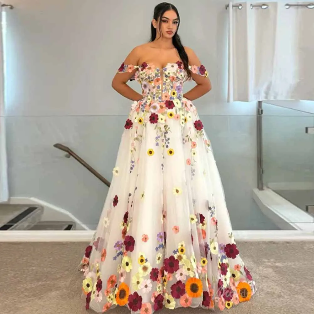 

Fashion Women's Wedding Dresses Long Tulle A-line Wedding Party Dresses Ivory Off-the-shoulder Applique Lace Wedding Dresses