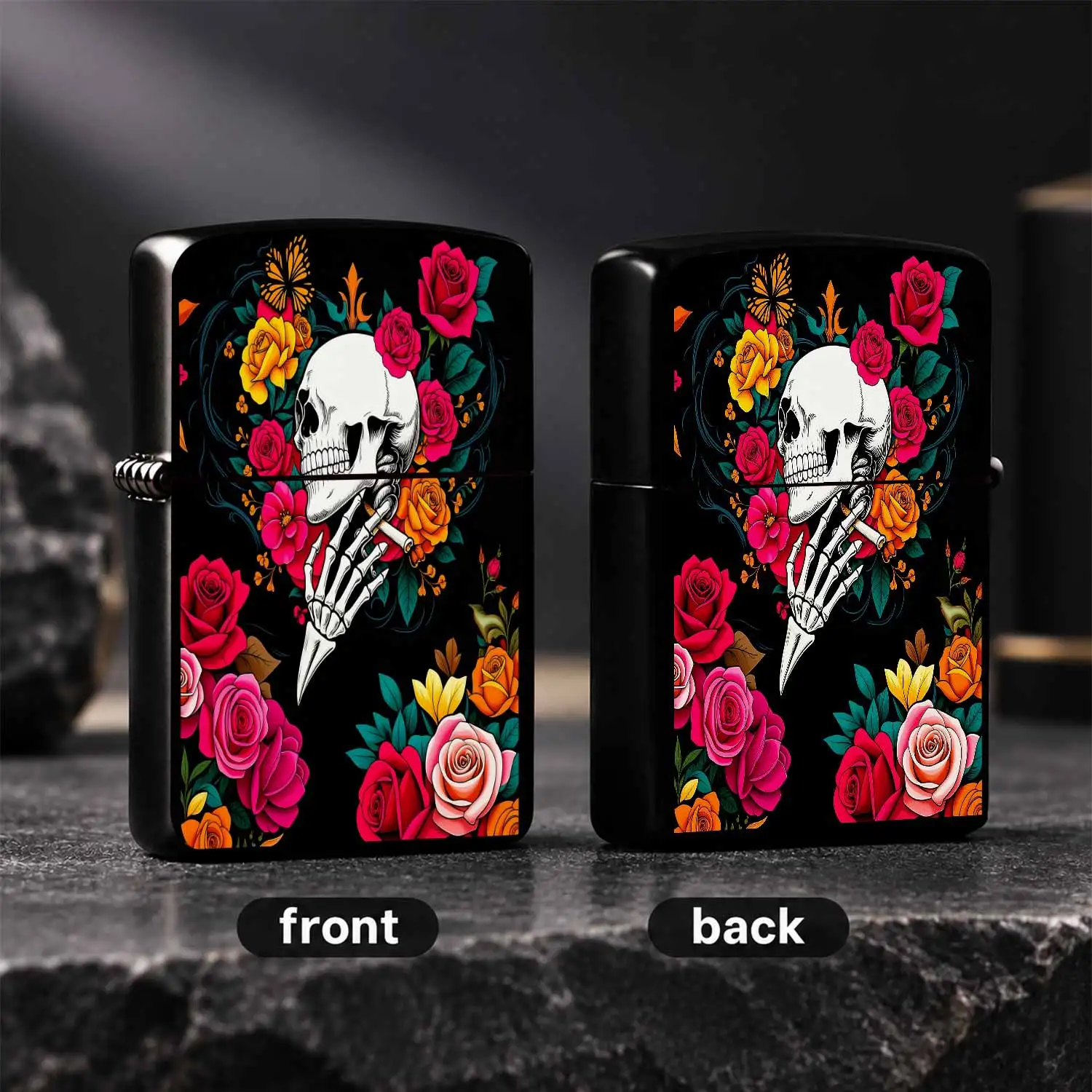 English: Stylish Art Pattern Lighter With Unique Skull And Vibrant Floral Print, Retro American Aesthetic Portable Accessory, Ideal For Daily Use, Outdoor Activities, Gifting On All Occasions, Eye-Catching Decorative Pr A Humorous And Inter