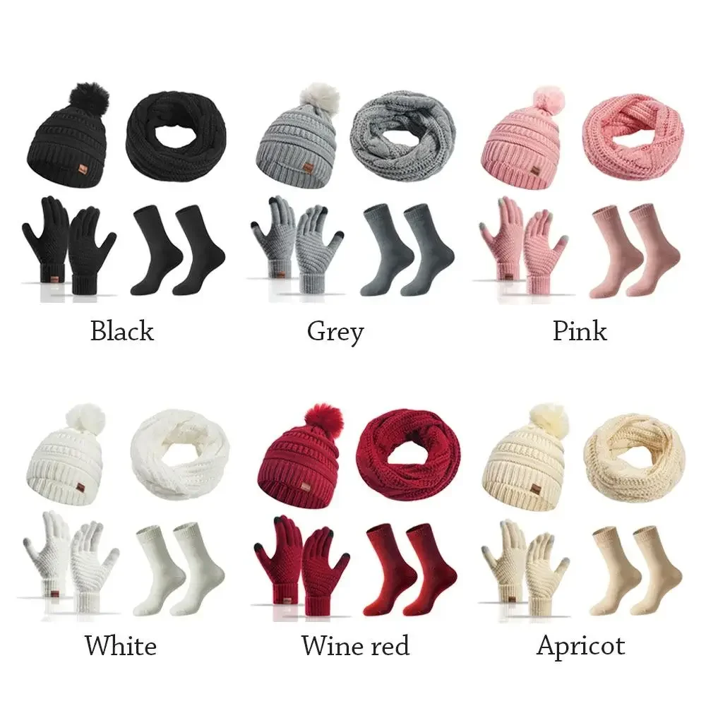 4 قطعة/المجموعة شتاء دافئ النساء القبعات وشاح قفازات الجوارب مجموعة لينة يندبروف شتاء دافئ القفاز سدادات حماية الأذن قبعة قبعة وشاح في الهواء الطلق
