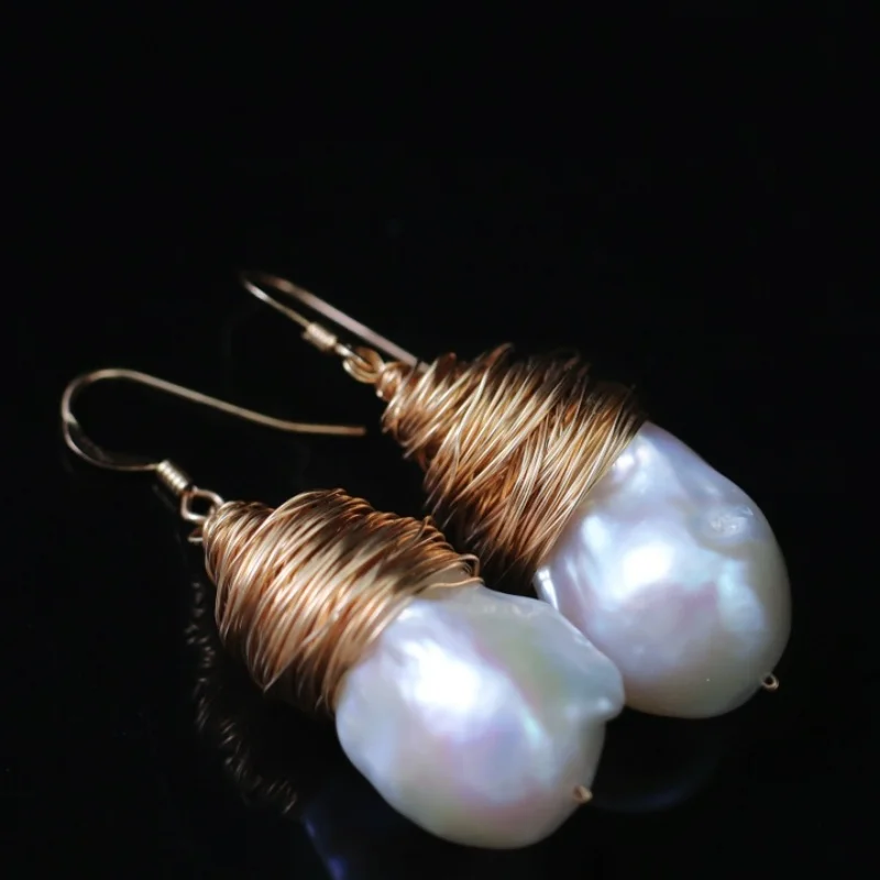 

SGARIT Baroque Pearl Earrings White Natural Freshwater Pearl 14k Gold Filled Handmade Large Pearl Drop Earrings Women Jewelry
