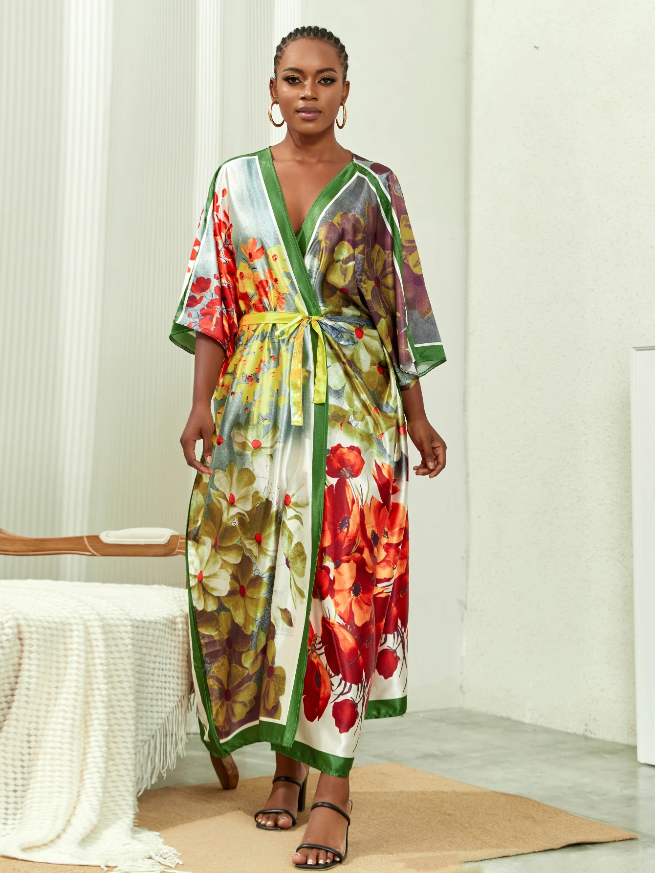 Plus Size eleganckie Kimono, damskie Plus solidna satynowa półrękaw z odkrytym przednim paskiem Kimono