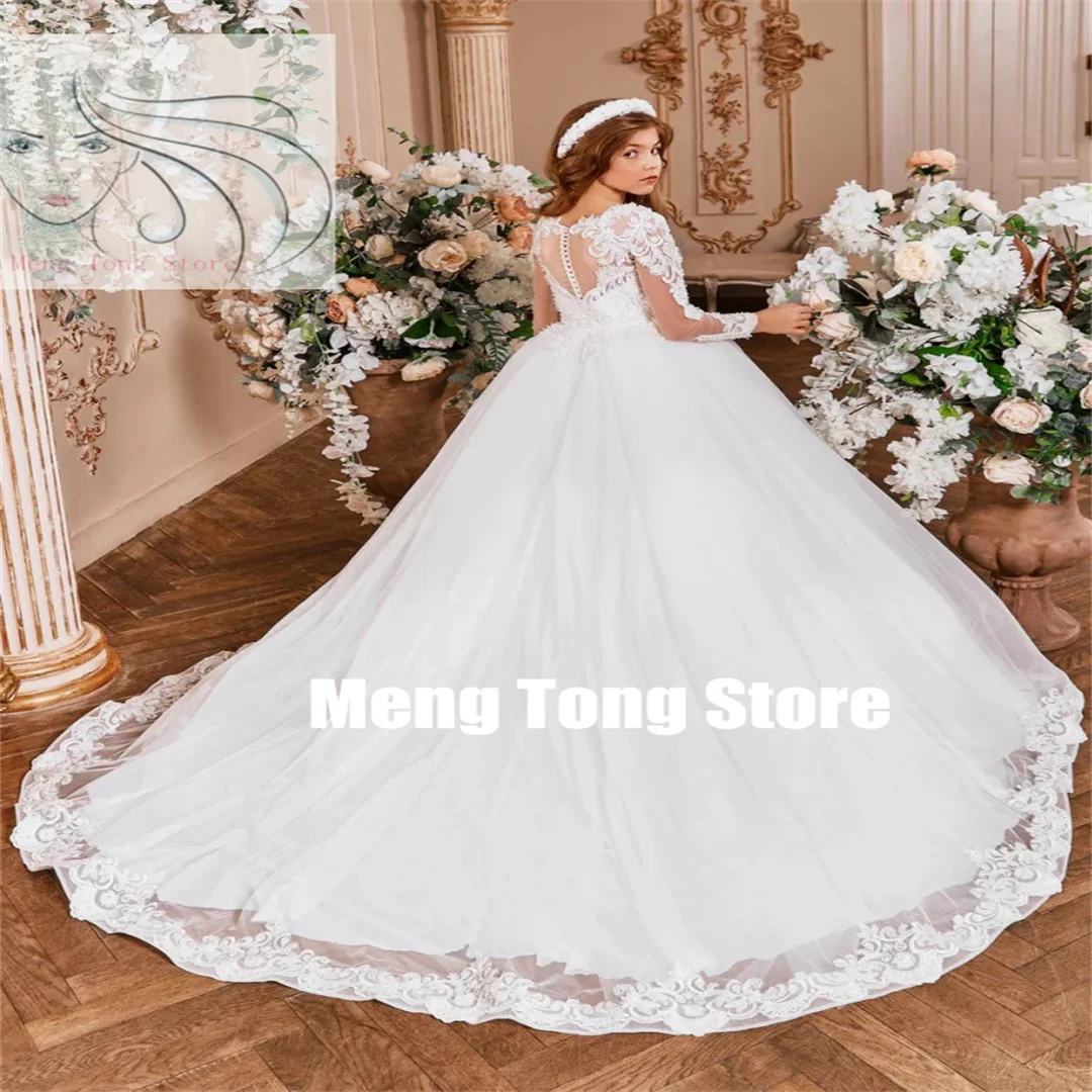 

Customized Flower Girl Dresses Tulle Puffy Flory Pattern With Tailing Long Sleeve For Wedding Birthday Party First Communion Gow
