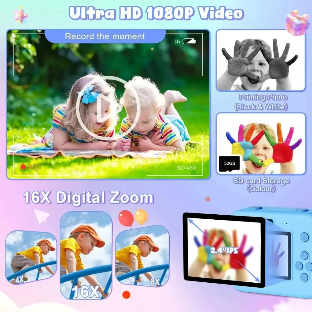 Kids Camera Instant Print 32G Card – Portable Photography and Instant Printing for Kids – Educational Gift for Boys and Girls