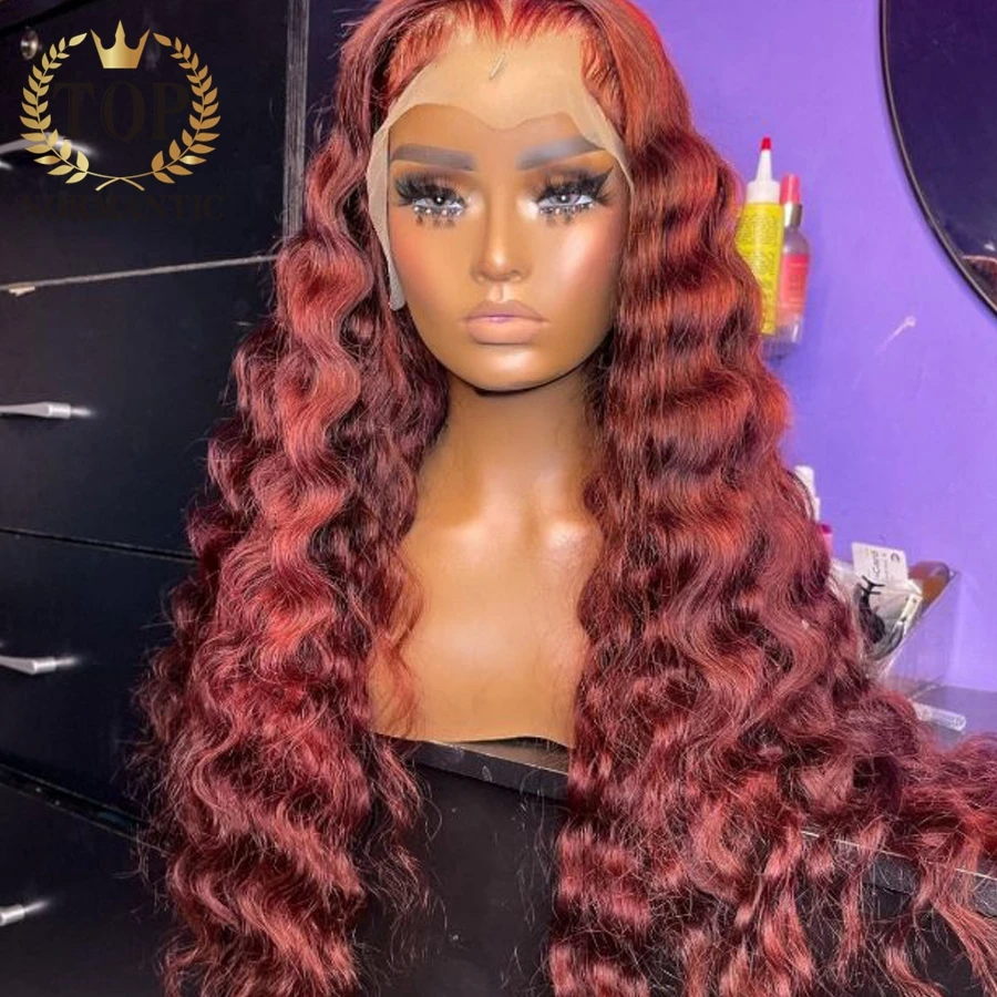 Topnormantic Burgundy Color Deep Wave Wig with Baby Hair 13x6 Lace Front Remy Brazilian Human Hair Wigs for Black Women