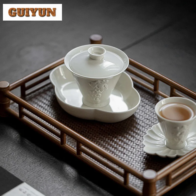 100ml Retro Plant Grey Glaze Gaiwan Creative Relief Taihu Lake Stone Tea Tureen Tea Maker Cover Cha Bowl Tableware Decoration