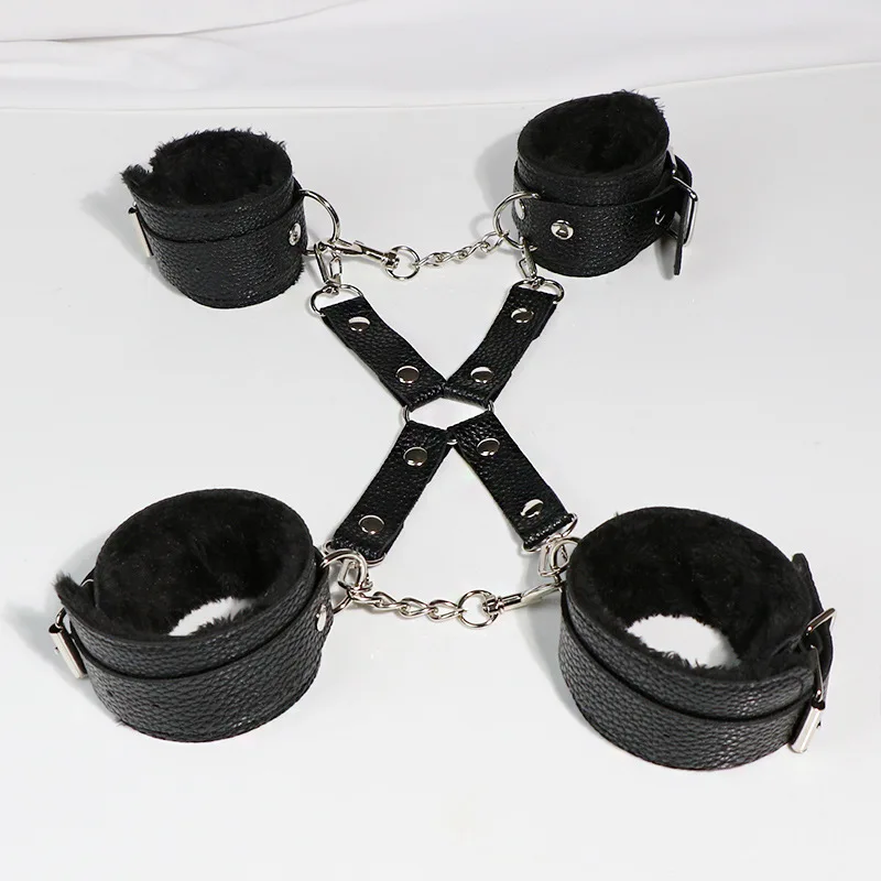 

SM Textured Leather Plush Handcuffs. Bracelets Foot Cuffs Neck Cover. Set Alternative Toys Adult Sex Products