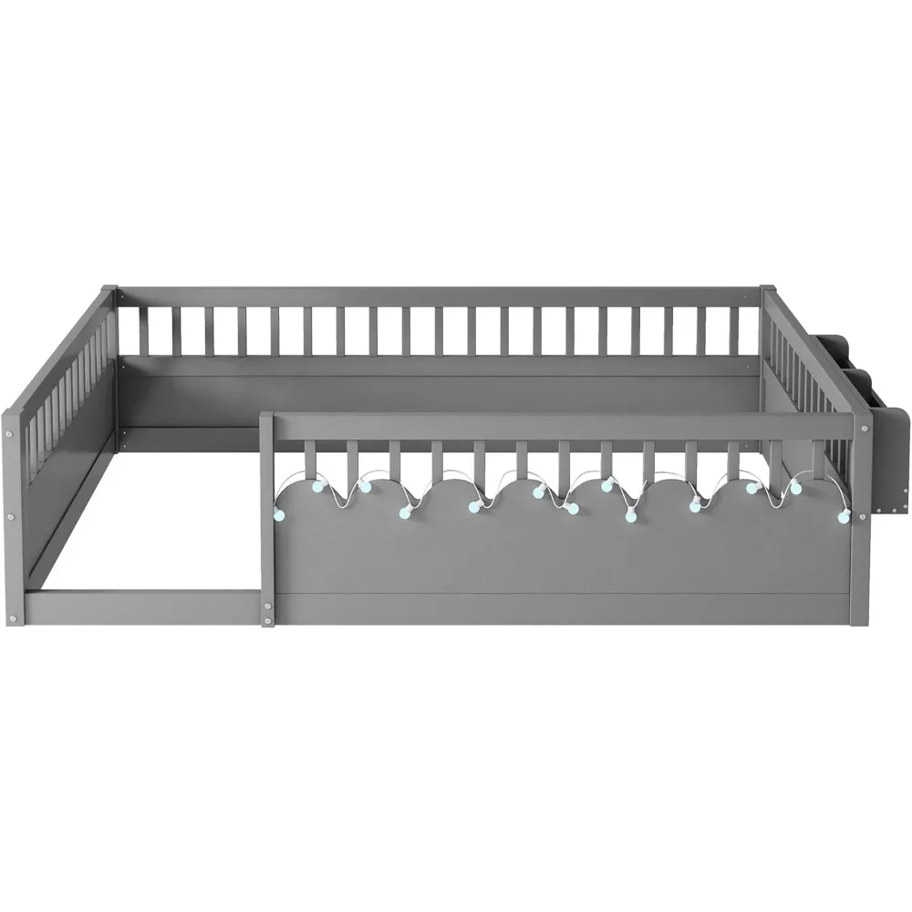 Cama de plataforma de tamanho completo de madeira Montessori com luz e armazenamento, trilhos seguros para dormir com economia de espaço para meninos