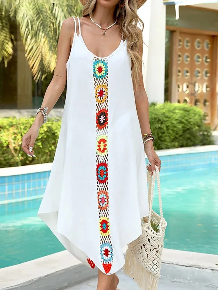 ชุดคลุมชายหาดแบบผูกเชือกสำหรับผู้หญิง ลายดอกไม้ แต่งผ้าแบบต่อผ้า สายเดี่ยว แขนกุด สไตล์บราซิล