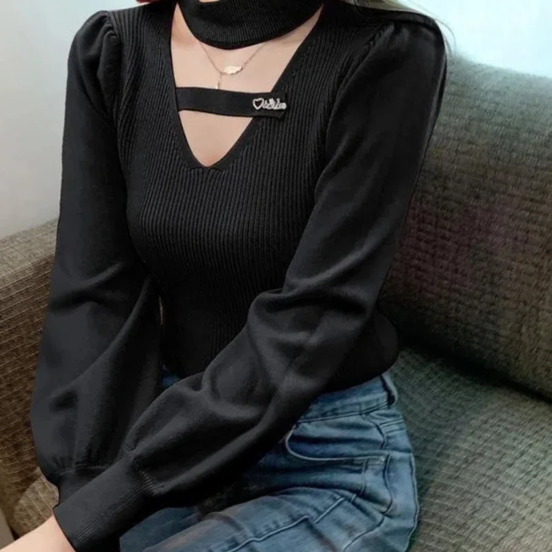 Korean Fashion Autumn Winter Sweaters Women's V-Neck Halter Hollow Out Puff Sleeve Slim Pullovers Bottoming Shirt Knitted Top