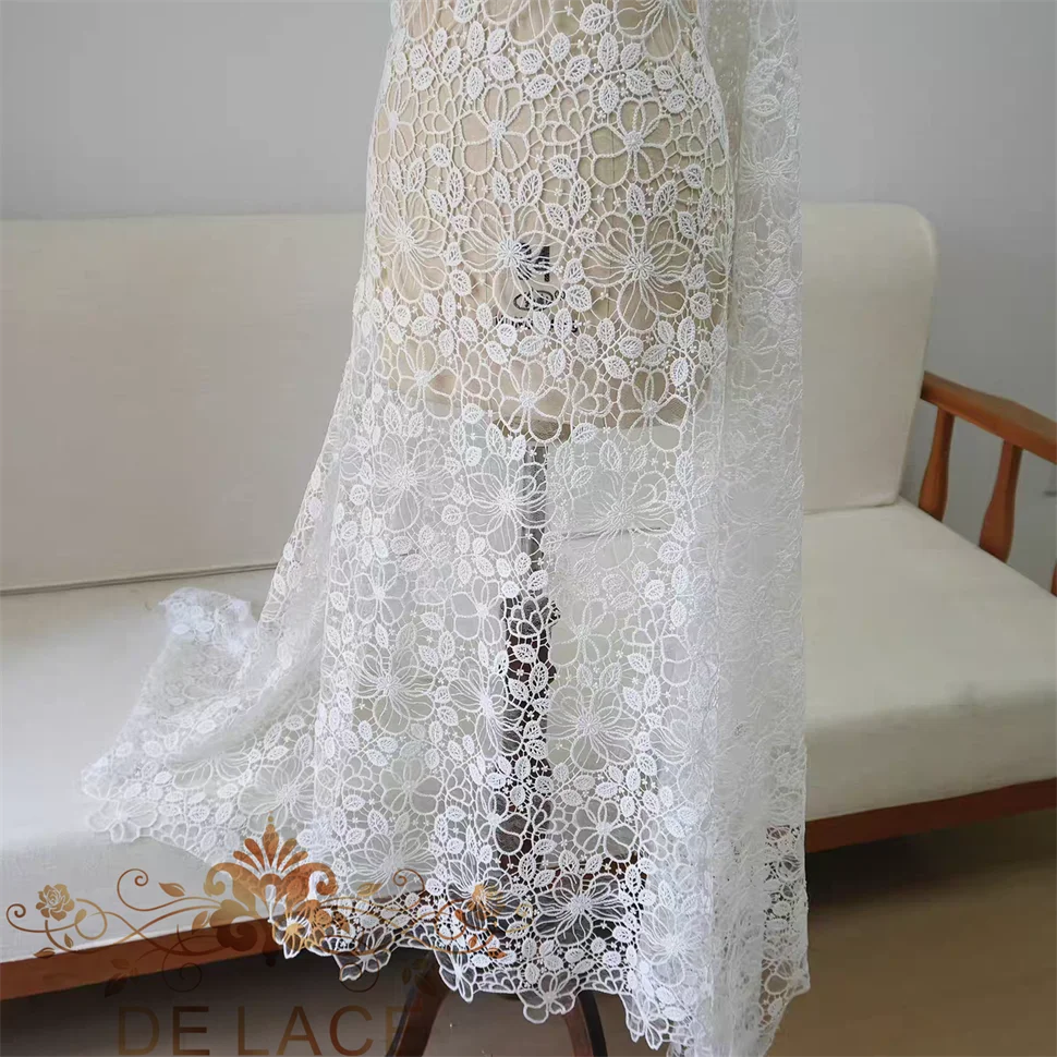 

JZQ Handmade Floral Embroidered Wedding Dress Lace Guipure Hollow Out Water Soluble Bridal Dress Lace Fabric