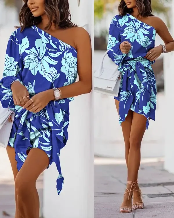 

New Fashion 2024 Summer Casual Plants Print One Shoulder Tied Detail Casual Dress Sexy Elegant Dresses for Women Female Clothing