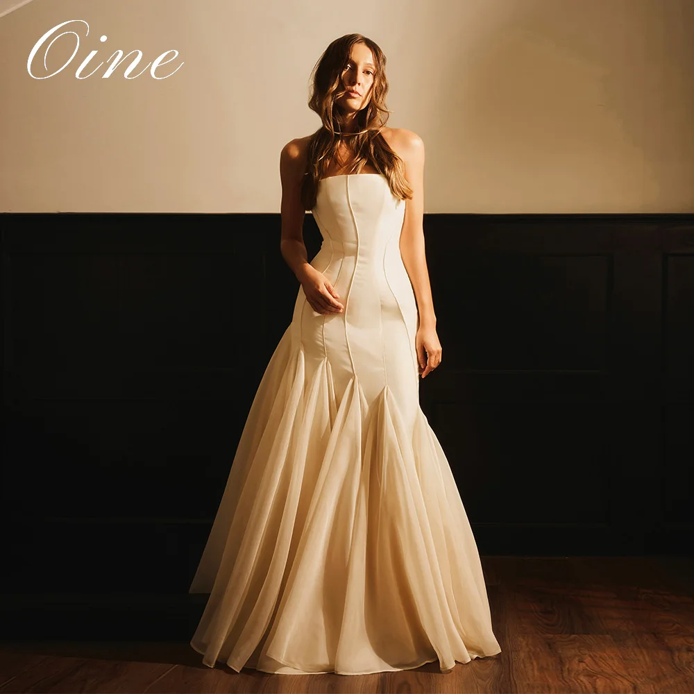Oine Customized White Mermaid Wedding Dress Strapless Satin Bodice Chiffon Skirt Elegant Formal Bridal Gown vestido de novia