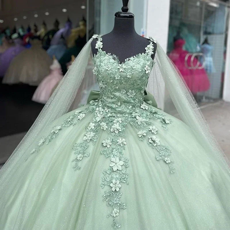 Luxury Shiny Princess Quinceanera Dresses With Glittering Cape Vestidos De 15 Anos 3D Flower Applique Formal Birthday Ball Gown