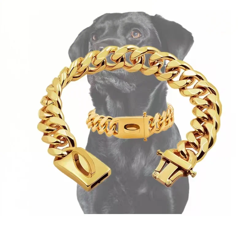 

PMGPET Gold Dog Collar Stainless Steel Metal Pet Choker Silver 19mm Medium Large Dogs French Bulldog Pitbull Collar Leash
