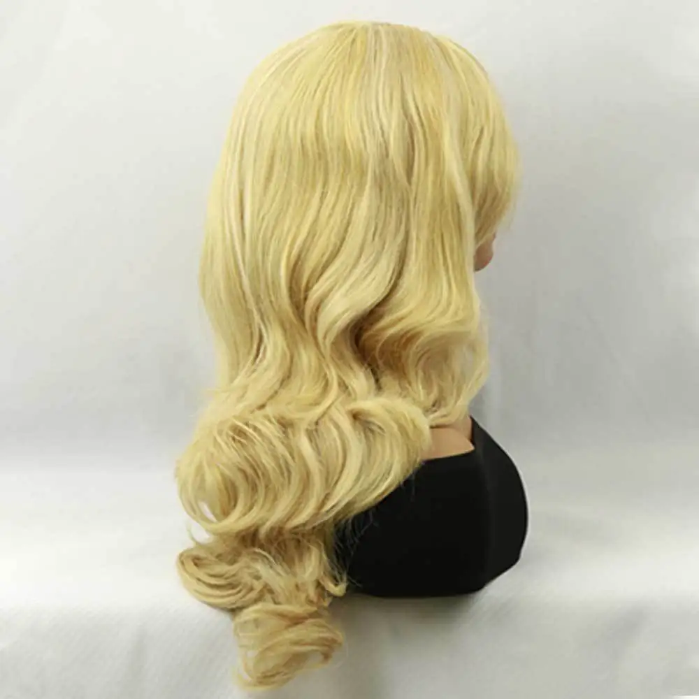 Woman blonde bangs long curly big wave Synthetic wig 27 inches