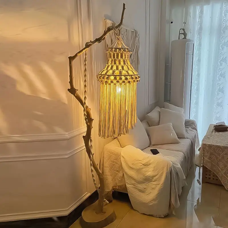 

Log branch art dead branch lamp stand Bohemian lampshade hand woven lamp Floor lamp B & B Nordic