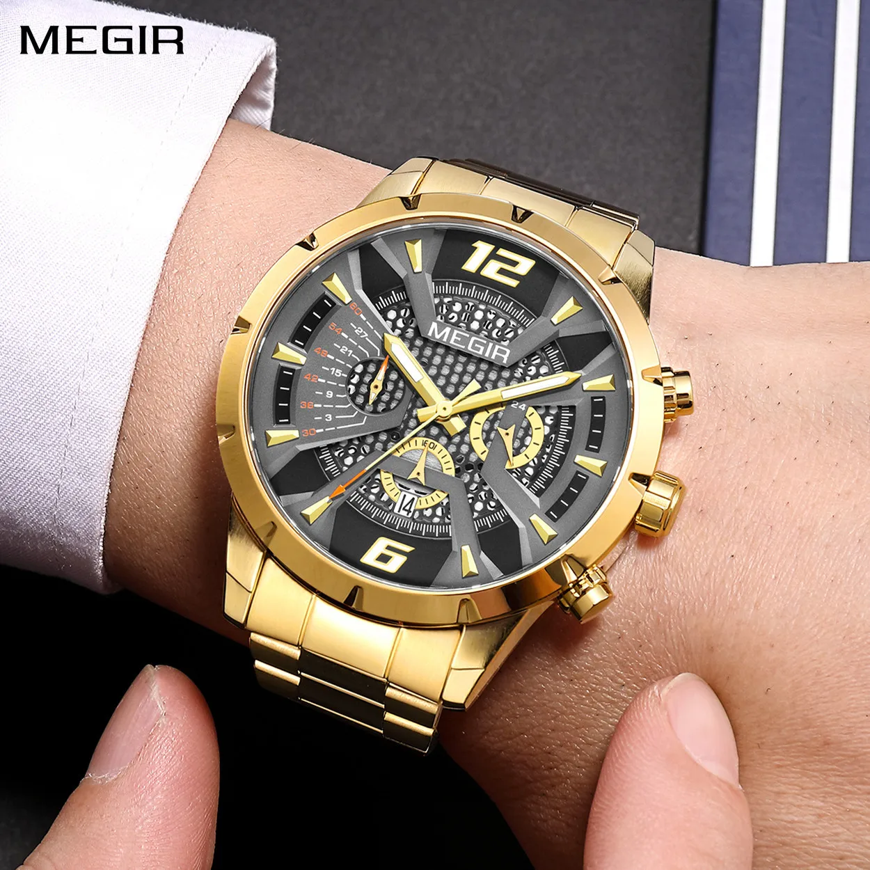 

MEGIR Stainless Steel Bracelet Watch for Men Luxury Business Watches Casual Quartz Date Clock Big Dial Wristwatch Reloj Hombre