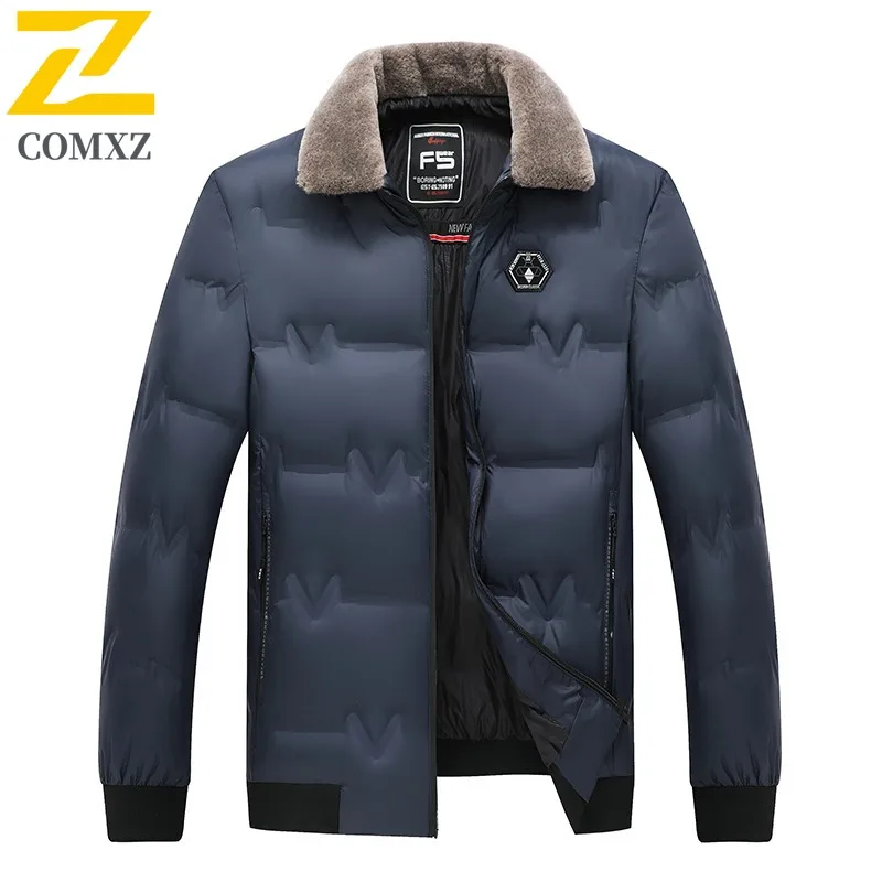 COMXZ Wattierte Herrenjacke mit Pelzkragen, hochwertige Business-Kältebeständigkeit, winddicht, Reise-Winterjacke, leichte Steppjacke für die Arbeit
