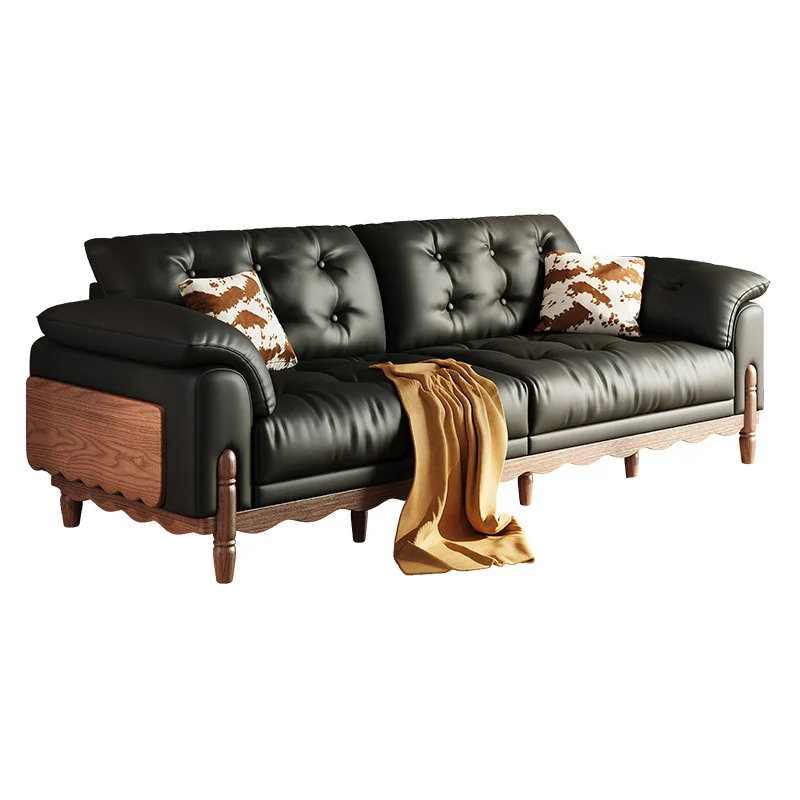 

Medieval leather sofa high-end retro style living room small apartment straight row