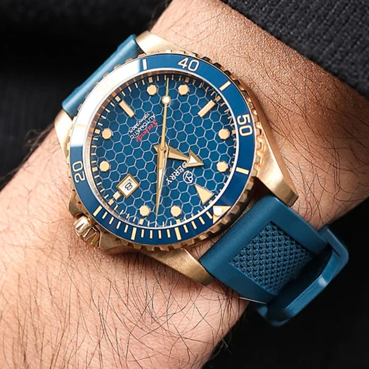 BODERRY Herren-Automatikuhr, Bronze, 40 mm, mechanische Armbanduhr, Taucheruhr, 10 Bar, wasserdicht, Saphirspiegel, C3, leuchtend, Miyota 8215